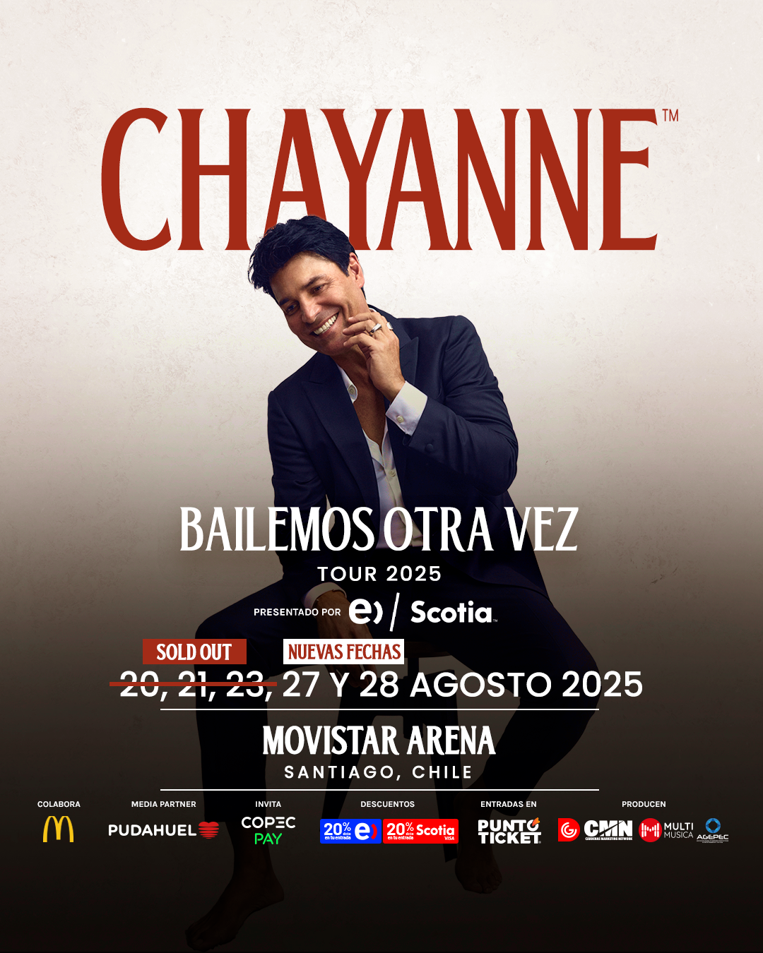 EVENTOS | LUEGO DE UNA EXITOSA VENTA Y AGOTAR SUS 3 SHOWS EN CHILE,  CHAYANNE CONFIRMA NUEVAS FECHAS EN MOVISTAR ARENA